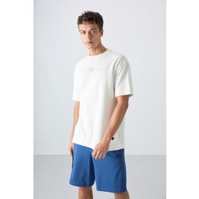 Tommy Life 88323 Ekru Pamuklu Kalın Yumuşak Dokulu Oversize Fit Baskılı Erkek T-Shirt