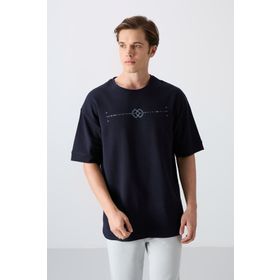 Tommy Life 88323 Lacivert Pamuklu Kalın Yumuşak Dokulu Oversize Fit Baskılı Erkek T-Shirt