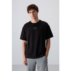Tommy Life 88323 Siyah Pamuklu Kalın Yumuşak Dokulu Oversize Fit Baskılı Erkek T-Shirt