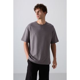 Tommy Life 88324 Koyu Gri Pamuklu Kalın Yumuşak Dokulu Oversize Fit Baskılı Erkek T-Shirt