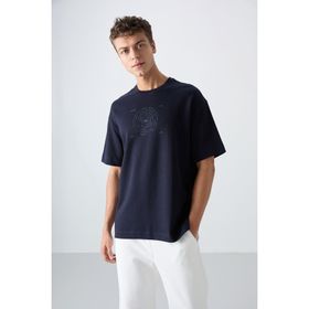 Tommy Life 88324 Lacivert Pamuklu Kalın Yumuşak Dokulu Oversize Fit Baskılı Erkek T-Shirt