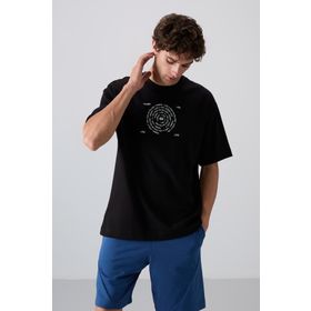 Tommy Life 88324 Siyah Beyaz Pamuklu Kalın Yumuşak Dokulu Oversize Fit Baskılı Erkek T-Shirt