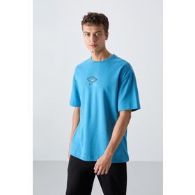 Tommy Life 88325 Petrol Mavi Pamuklu Kalın Yumuşak Dokulu Oversize Fit Baskılı Erkek T-Shirt