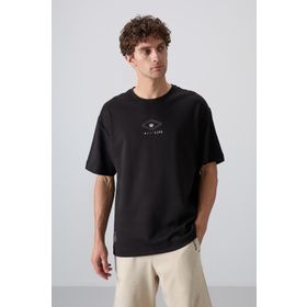 Tommy Life 88325 Siyah Pamuklu Kalın Yumuşak Dokulu Oversize Fit Baskılı Erkek T-Shirt