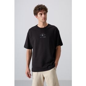 Tommy Life 88325 Siyah Pamuklu Kalın Yumuşak Dokulu Oversize Fit Baskılı Erkek T-Shirt