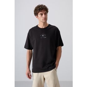 Tommy Life 88325 Siyah Pamuklu Kalın Yumuşak Dokulu Oversize Fit Baskılı Erkek T-Shirt