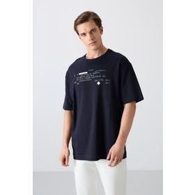Tommy Life 88326 Lacivert Pamuklu Kalın Yumuşak Dokulu Oversize Fit Baskılı Erkek T-Shirt