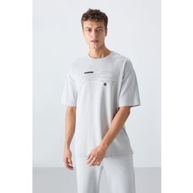 Tommy Life 88326 Taş Pamuklu Kalın Yumuşak Dokulu Oversize Fit Baskılı Erkek T-Shirt
