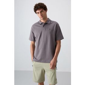 Tommy Life 88327 Koyu Gri Pamuklu Kalın Yumuşak Dokulu Oversize Fit Basic Polo Yaka Erkek T-Shirt