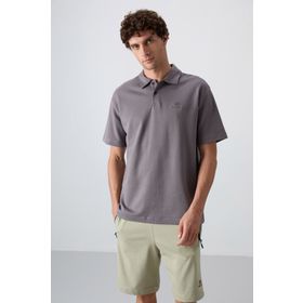 Tommy Life 88327 Koyu Gri Pamuklu Kalın Yumuşak Dokulu Oversize Fit Basic Polo Yaka Erkek T-Shirt