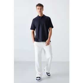 Tommy Life 88327 Lacivert Pamuklu Kalin Yumusak Dokulu Oversize Fit Basic Polo Yaka Erkek T-Shirt