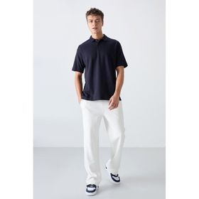 Tommy Life 88327 Lacivert Pamuklu Kalin Yumusak Dokulu Oversize Fit Basic Polo Yaka Erkek T-Shirt