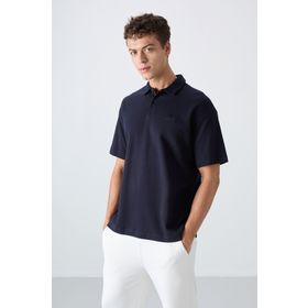 Tommy Life 88327 Lacivert Pamuklu Kalin Yumusak Dokulu Oversize Fit Basic Polo Yaka Erkek T-Shirt