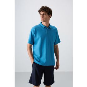Tommy Life 88327 Petrol Mavi Pamuklu Kalın Yumuşak Dokulu Oversize Fit Basic Polo Yaka Erkek T-Shirt
