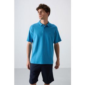 Tommy Life 88327 Petrol Mavi Pamuklu Kalın Yumuşak Dokulu Oversize Fit Basic Polo Yaka Erkek T-Shirt