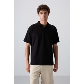 Tommy Life 88327 Siyah Pamuklu Kalin Yumusak Dokulu Oversize Fit Basic Polo Yaka Erkek T-Shirt