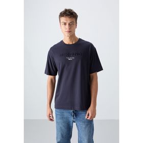 Tommy Life 88328 Lacivert Pamuklu Kalın Yumuşak Dokulu Oversize Fit Baskılı Erkek T-Shirt