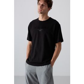 Tommy Life 88328 Siyah Pamuklu Kalın Yumuşak Dokulu Oversize Fit Baskılı Erkek T-shirt