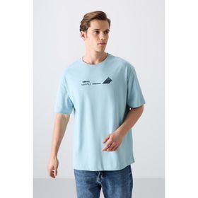 Tommy Life 88330 Açık Mavi Pamuklu Kalın Yumuşak Dokulu Oversize Fit Baskılı Erkek T-Shirt