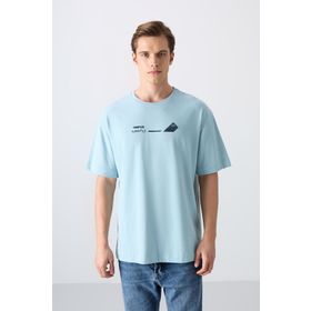 Tommy Life 88330 Açık Mavi Pamuklu Kalın Yumuşak Dokulu Oversize Fit Baskılı Erkek T-Shirt