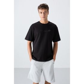 Tommy Life 88330 Siyah Pamuklu Kalın Yumuşak Dokulu Oversize Fit Baskılı Erkek T-Shirt