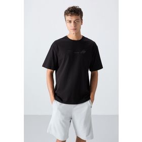 Tommy Life 88330 Siyah Pamuklu Kalın Yumuşak Dokulu Oversize Fit Baskılı Erkek T-Shirt