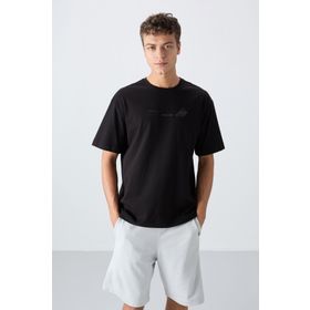 Tommy Life 88330 Siyah Pamuklu Kalın Yumuşak Dokulu Oversize Fit Baskılı Erkek T-Shirt