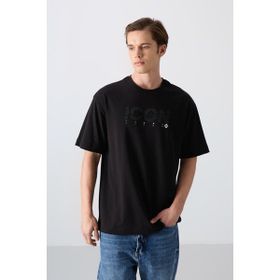 Tommy Life 88331 Siyah Pamuklu Kalın Yumuşak Dokulu Oversize Fit Baskılı Erkek T-Shirt