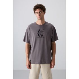 Tommy Life 88332 Koyu Gri Pamuklu Kalın Yumuşak Dokulu Oversize Fit Baskılı Erkek T-shirt