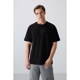 Tommy Life 88333 Siyah Pamuklu Kalın Yumuşak Dokulu Oversize Fit Baskılı Erkek T-Shirt
