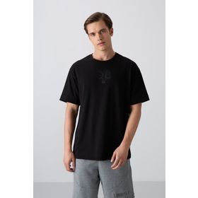 Tommy Life 88333 Siyah Pamuklu Kalın Yumuşak Dokulu Oversize Fit Baskılı Erkek T-Shirt