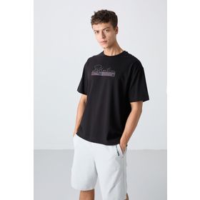 Tommy Life 88334 Siyah Pamuklu Kalın Yumuşak Dokulu Oversize Fit Baskılı Erkek T-Shirt