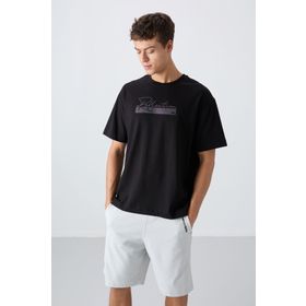 Tommy Life 88334 Siyah Pamuklu Kalın Yumuşak Dokulu Oversize Fit Baskılı Erkek T-Shirt