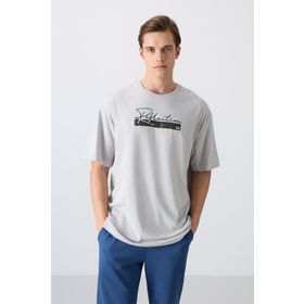 Tommy Life 88334 Taş Pamuklu Kalın Yumuşak Dokulu Oversize Fit Baskılı Erkek T-Shirt