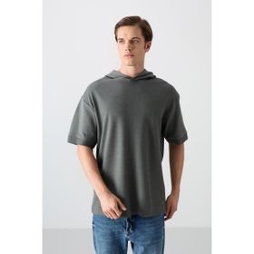 Tommy Life 88335 Haki Pamuklu Kalın Yüzeyi Dokulu Oversize Fit Basic Erkek T-Shirt