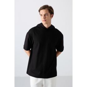 Tommy Life 88335 Siyah Pamuklu Kalın Yüzeyi Dokulu Oversize Fit Basic Erkek T-Shirt