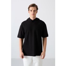Tommy Life 88335 Siyah Pamuklu Kalın Yüzeyi Dokulu Oversize Fit Basic Erkek T-Shirt