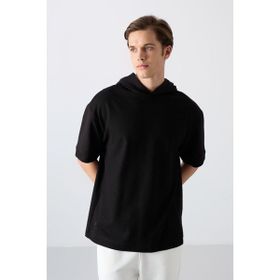 Tommy Life 88335 Siyah Pamuklu Kalın Yüzeyi Dokulu Oversize Fit Basic Erkek T-Shirt