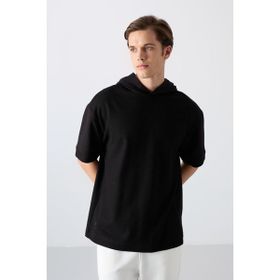 Tommy Life 88335 Siyah Pamuklu Kalın Yüzeyi Dokulu Oversize Fit Basic Erkek T-Shirt