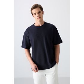 Tommy Life 88336 Lacivert Pamuklu Kalın Yüzeyi Dokulu Oversize Fit Baskılı Erkek T-Shirt