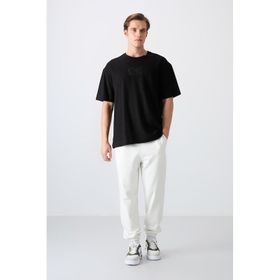 Tommy Life 88336 Siyah Pamuklu Kalın Yüzeyi Dokulu Oversize Fit Baskılı Erkek T-Shirt