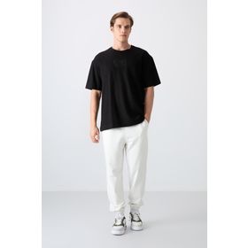 Tommy Life 88336 Siyah Pamuklu Kalın Yüzeyi Dokulu Oversize Fit Baskılı Erkek T-Shirt