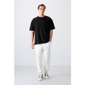 Tommy Life 88336 Siyah Pamuklu Kalın Yüzeyi Dokulu Oversize Fit Baskılı Erkek T-Shirt