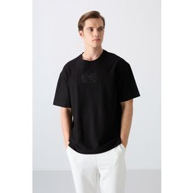 Tommy Life 88336 Siyah Pamuklu Kalın Yüzeyi Dokulu Oversize Fit Baskılı Erkek T-Shirt