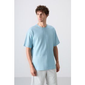 Tommy Life 88337 Açık Mavi Pamuklu Kalın Yüzeyi Dokulu Oversize Fit Basic Erkek T-Shirt