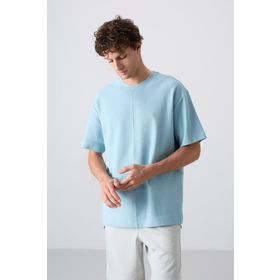 Tommy Life 88337 Açık Mavi Pamuklu Kalın Yüzeyi Dokulu Oversize Fit Basic Erkek T-Shirt