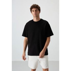 Tommy Life 88337 Siyah Pamuklu Kalın Yüzeyi Dokulu Oversize Fit Basic Erkek T-shirt