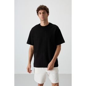 Tommy Life 88337 Siyah Pamuklu Kalın Yüzeyi Dokulu Oversize Fit Basic Erkek T-shirt