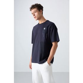 Tommy Life 88338 Lacivert Pamuklu Kalın Yüzeyi Dokulu Oversize Fit Baskılı Erkek T-Shirt