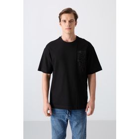 Tommy Life 88338 Siyah Pamuklu Kalın Yüzeyi Dokulu Oversize Fit Baskılı Erkek T-Shirt